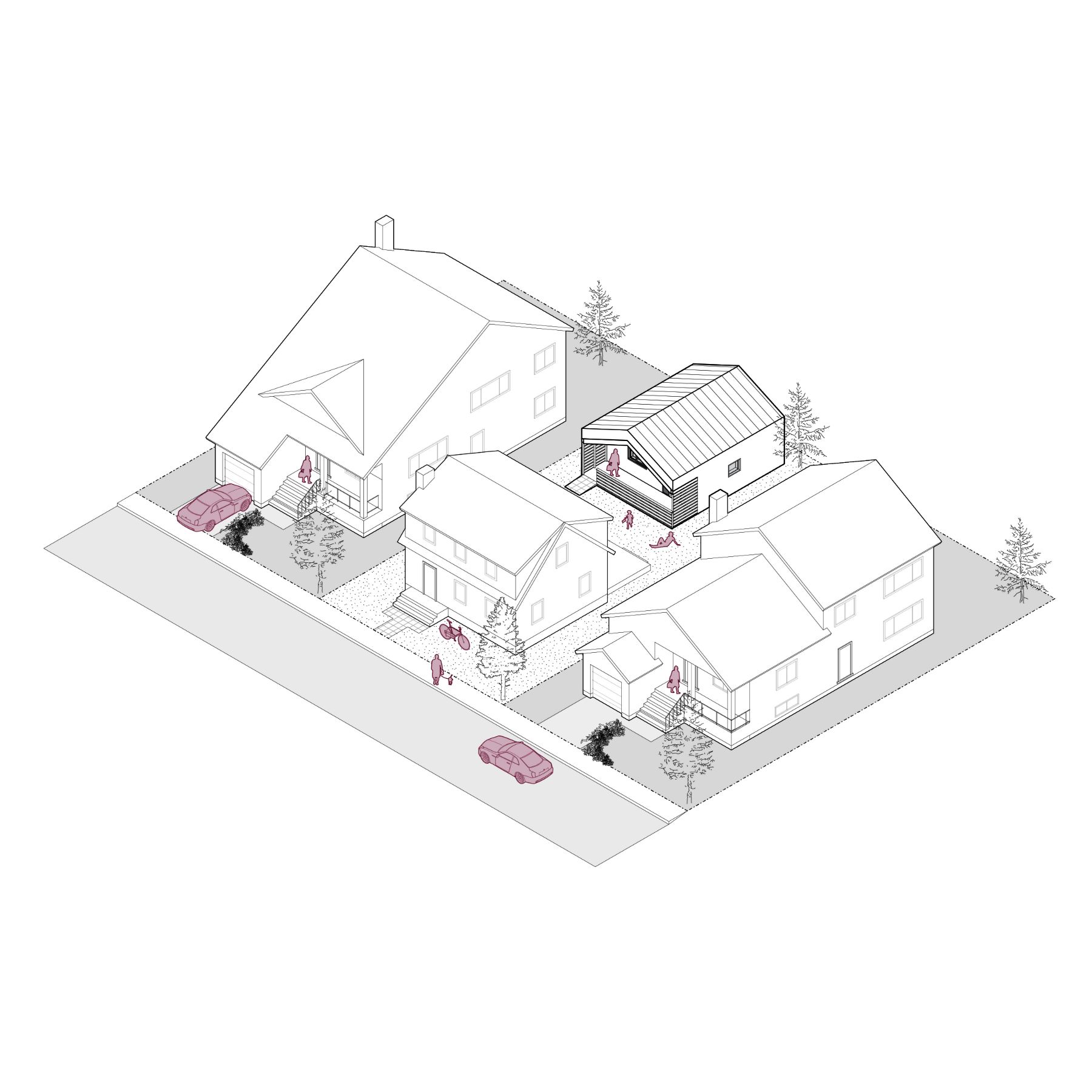Rendu filaire 3D du logement accessoire 01, d’une superficie d’environ 568 pieds carrés. L’image montre l’intégration harmonieuse du logement dans un quartier résidentiel typique, en mettant l’accent sur la conception compacte du bâtiment de plain-pied.